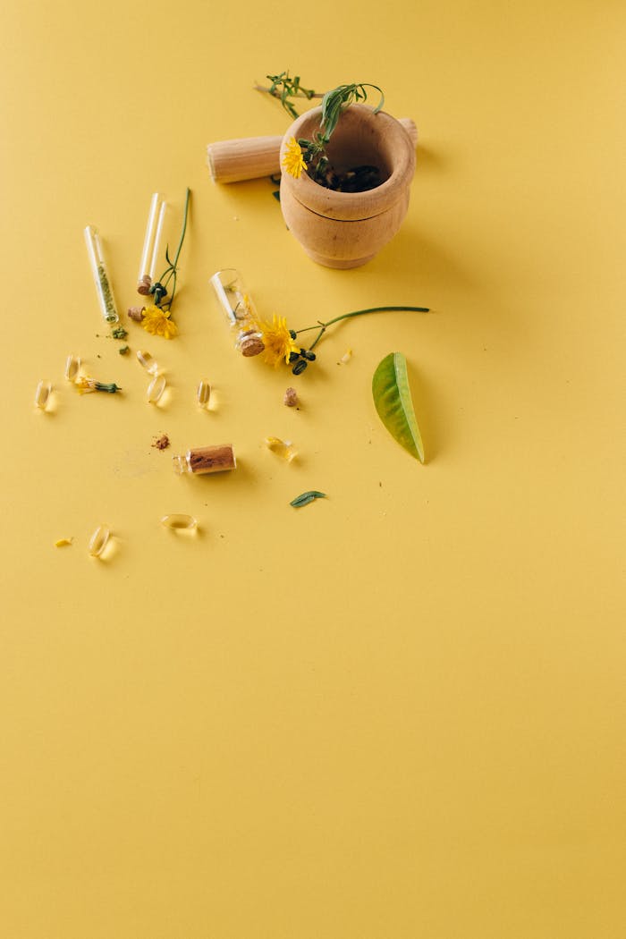 services-02 Natural herbal supplements and remedies displayed with a mortar and pestle on a vibrant yellow surface.
